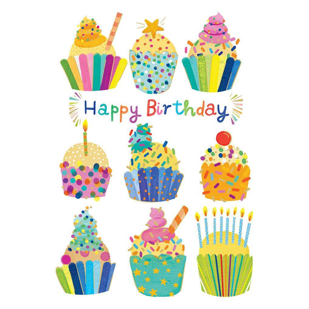 Colorful cupcakes birthday card from Pictura featuring vibrant cupcake illustrations for celebrating special occasions.